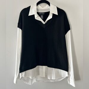 Bloomingdale's Cashmere Black V-Neck Twofer Sweater with attached White Shirt